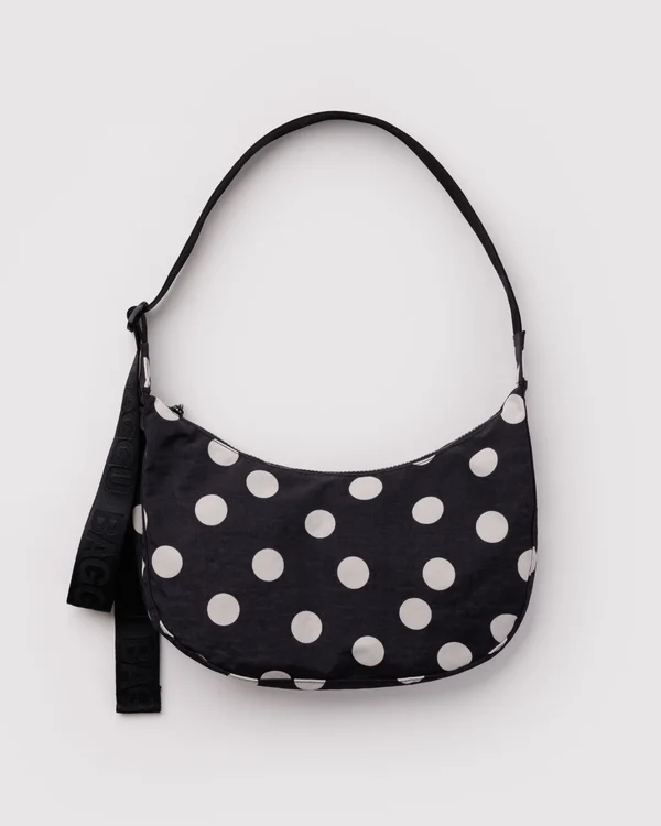 Medium Nylon Crescent Bag - Black And Cream Polka Dot - Size: OS